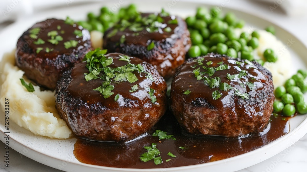 A plate of meatloaf patties with gravy, mashed potatoes, and peas, garnished with parsley. A plate of meatloaf patties with gravy, mashed potatoes, and peas, garnished with parsley.