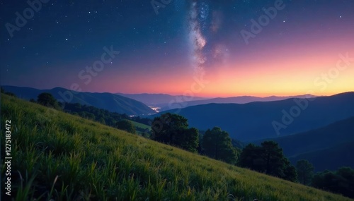 Hills roll gently towards horizon in soft focus under starry sky, natural, hillside, evening