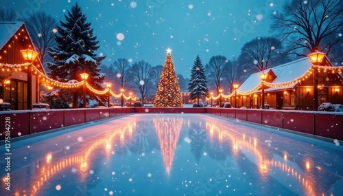 Ice skating rink with festive lights and snow-covered trees, Frosty Morning, Festive Christmas Scene, Ice Skating Rink Backdrop