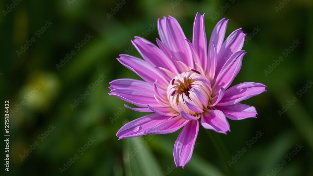 Obraz premium Purple flower with delicate petals blooming in the wild against a vibrant green background, bloom, wild, flower
