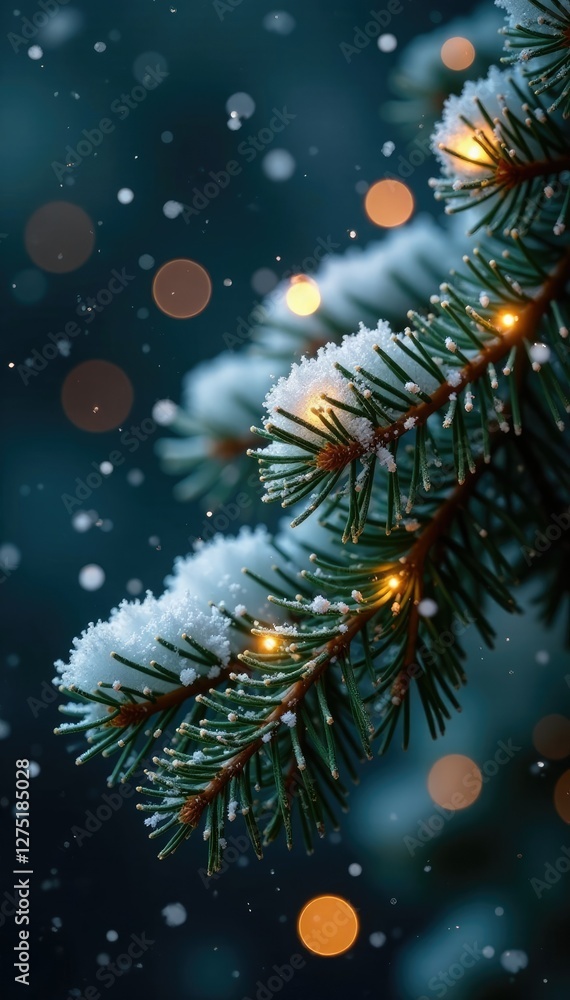 Sparkling white lights on frosted evergreen branch, winter, sparkling, greenery Sparkling white lights on frosted evergreen branch, winter, sparkling, greenery