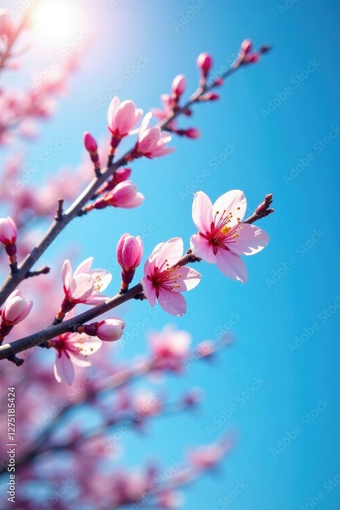 Plum blossom branches curve like a bow against the radiant blue sky, plum blossom, blue sky, curved Plum blossom branches curve like a bow against the radiant blue sky, plum blossom, blue sky, curved