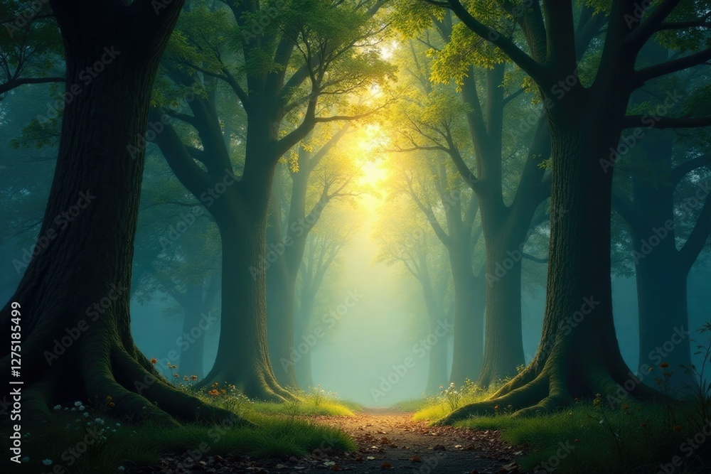 Naklejka premium Towering trees with glowing soft ethereal light, ancient, luminescent