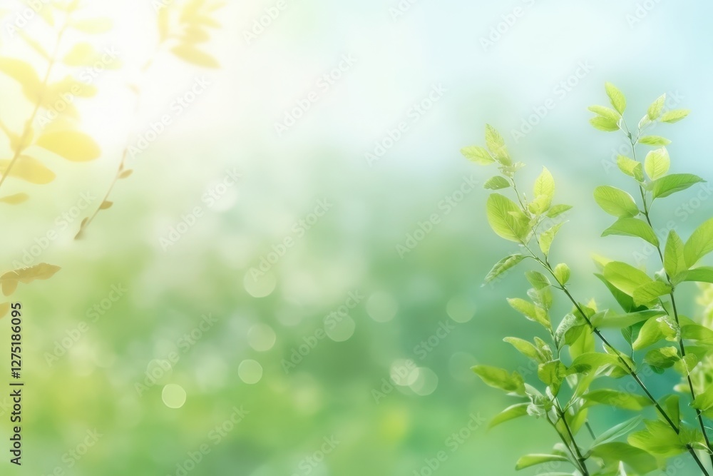 Branches with green leaves in the sun bokeh for natural background or summer scene