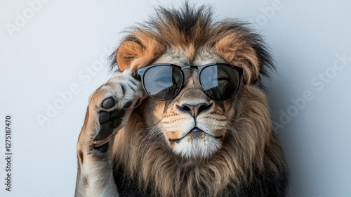 Lion wearing sunglasses studio animal portrait neutral background close-up cool concept