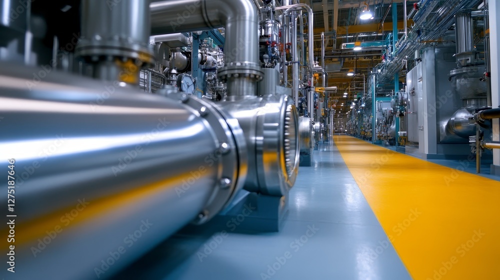 Fototapeta premium Industrial facility interior showcasing large metallic pipes and machinery along a yellow pathway