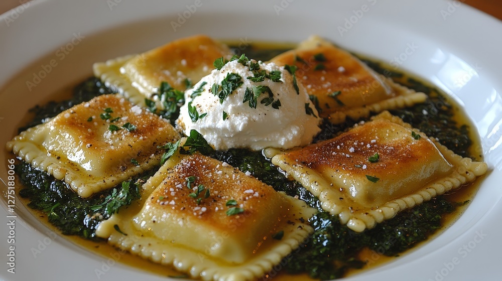 A plate of ravioli topped with ricotta and herbs in a flavorful sauce. A plate of ravioli topped with ricotta and herbs in a flavorful sauce.