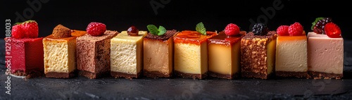 Set of cheesecake pieces on a black background close up, created with Generative AI technology