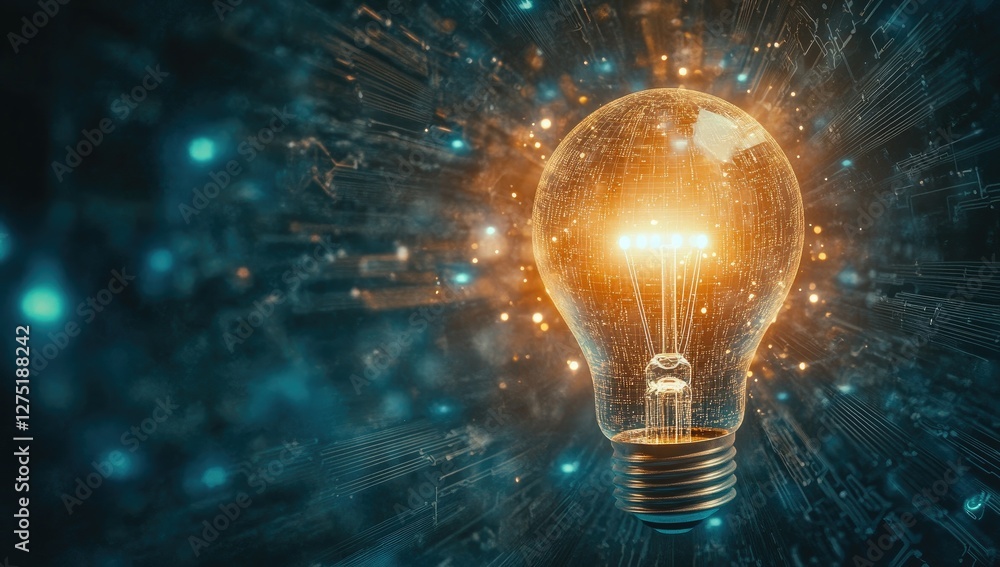 Glowing lightbulb, innovation, digital background, idea, future Glowing lightbulb, innovation, digital background, idea, future