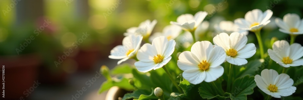 Shallow depth of field on White Bacopa ampelnaya flowers in flower pot, floral, bloom