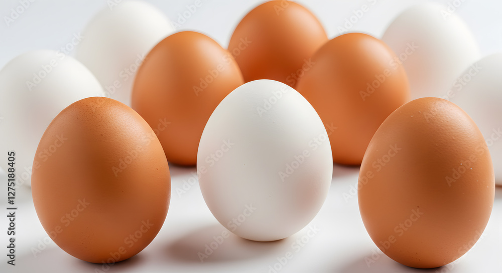 A Close-Up View of Brown and White Eggs Arranged in a Pattern on a White Surface A Close-Up View of Brown and White Eggs Arranged in a Pattern on a White Surface