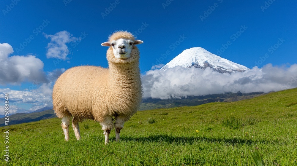 Fototapeta premium Fluffy Llama Against Snow Capped Mountain