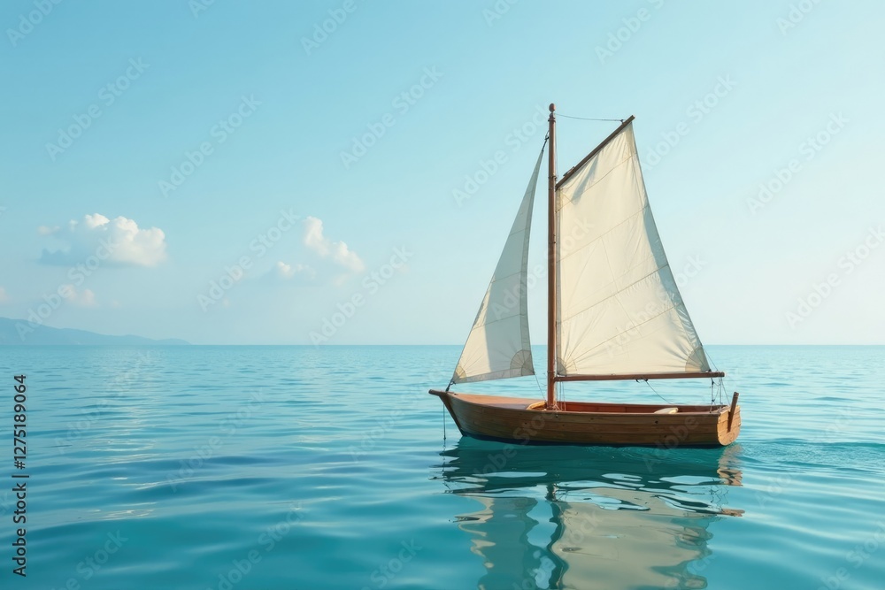Fototapeta premium Small wooden sailboat on a serene and still sea, peaceful, wave