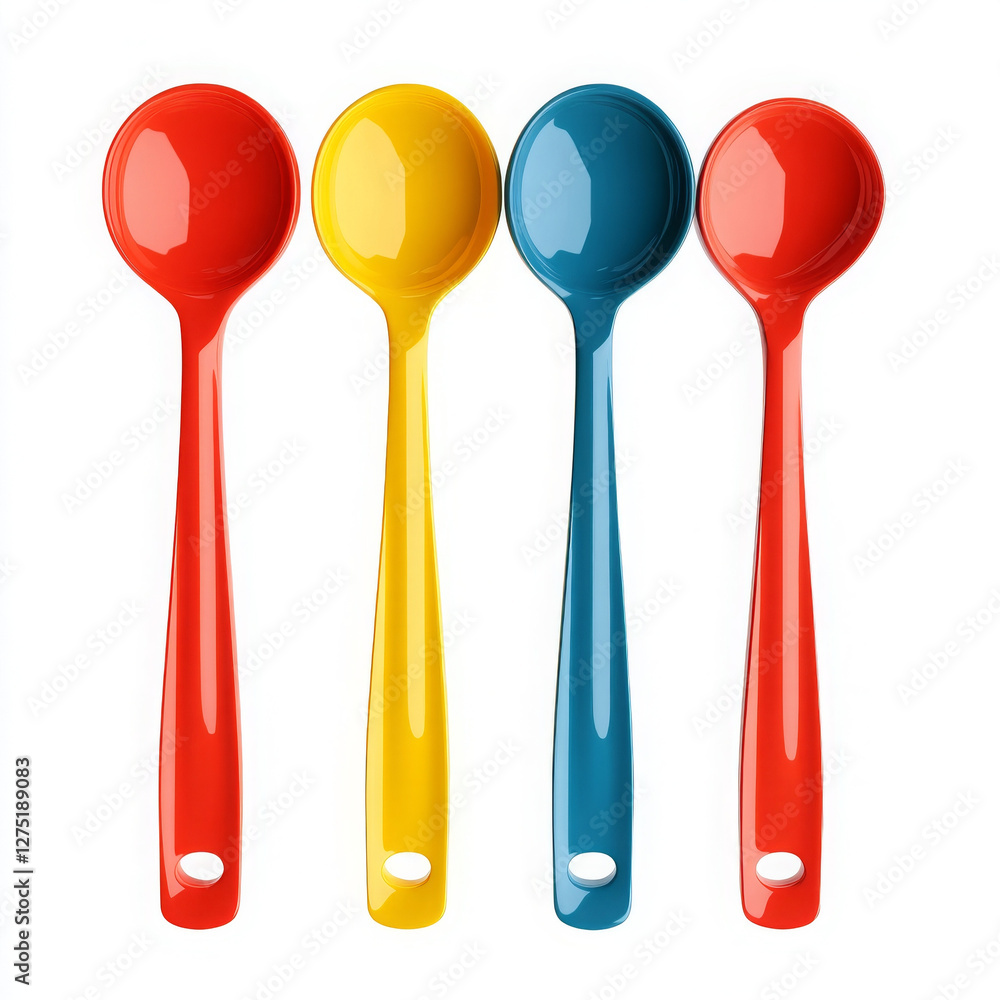 Four colorful spoons stand in row, happy and vibrant kitchen scene