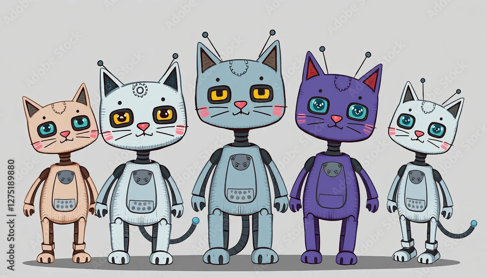 Fototapeta premium A fun, hand-drawn style image of five robot cats standing side by side