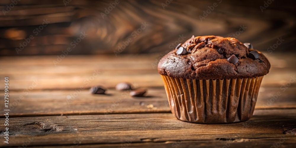 A delectable double chocolate muffin, freshly baked and resting on a rustic wooden surface, presents a tempting aroma and texture. A delectable double chocolate muffin, freshly baked and resting on a rustic wooden surface, presents a tempting aroma and texture.
