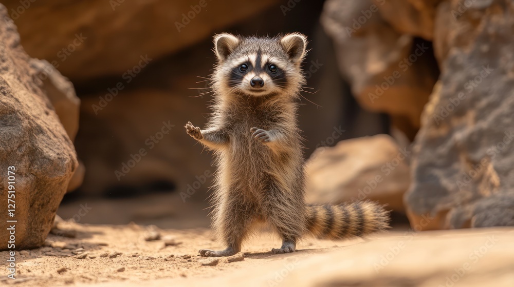 Obraz premium Cute raccoon standing, rocky desert, sunlight, wildlife