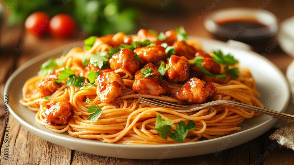 A plate of spaghetti topped with chicken in sauce and garnished with parsley. A plate of spaghetti topped with chicken in sauce and garnished with parsley.