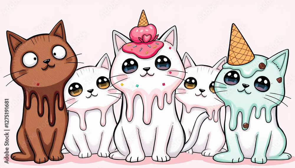 Obraz premium A playful cartoon drawing of six fruit-themed cats, each designed after a different fruit. One is shaped like a watermelon, another like a strawberry, and one looks like a pineapple with spiky fur