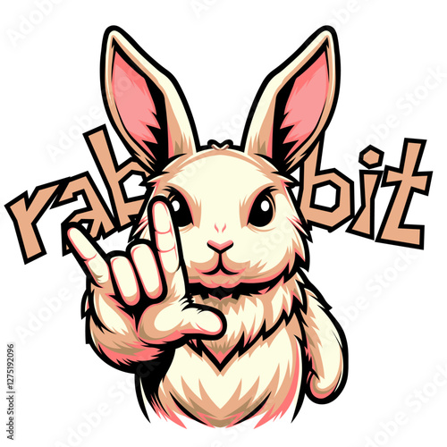 rabbit showing hand gesture karana mudra in color block vector illustration style with rab bit wording in the background for t-shirt print
