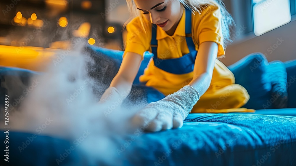 Obraz premium Woman Cleaning Couch With Steam Cleaner And Gloves
