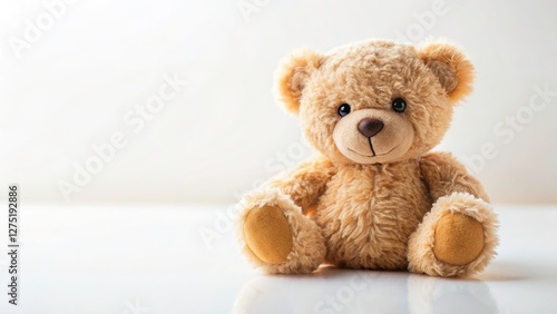 Adorable plush teddy bear, soft and white, photographed simply against a minimalist white background.