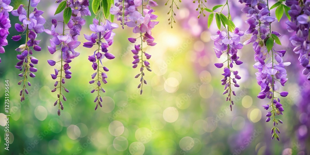 Naklejka premium Serene Purple Clusters of Blossoms Hanging Gracefully Against a Soft Bokeh Background