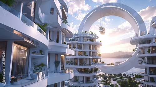 Futuristic white apartment buildings overlooking the sea photo