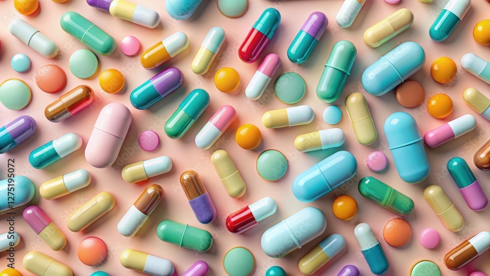 A vibrant array of colorful capsules and tablets scattered on a pastel surface, representing a diverse range of medications and healthcare options A vibrant array of colorful capsules and tablets scattered on a pastel surface, representing a diverse range of medications and healthcare options