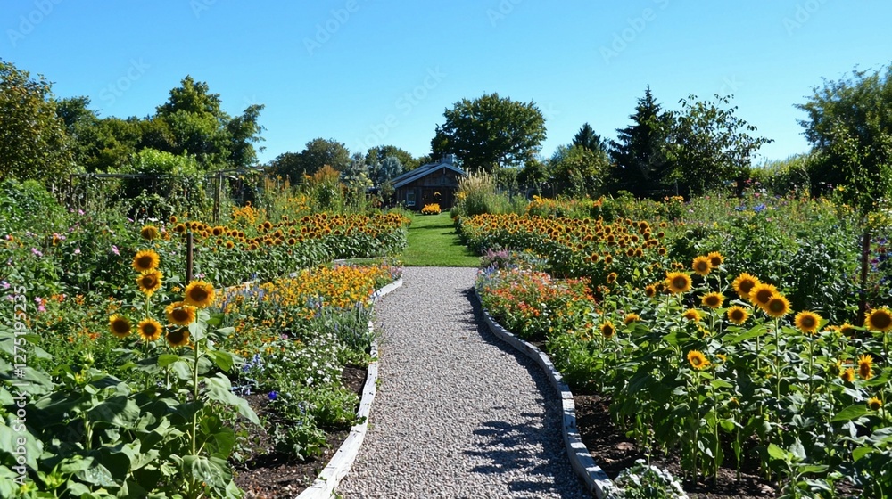 Sunflowers, Garden Path, Blooming Flowers Sunflowers, Garden Path, Blooming Flowers