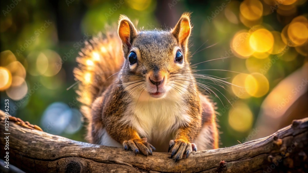 Big-eyed squirrel, bushy tail a-fluff, charmingly posed on a tree branch. Big-eyed squirrel, bushy tail a-fluff, charmingly posed on a tree branch.