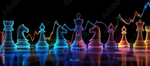 Colorful neon chess pieces arranged on a board with dynamic graph lines in the background