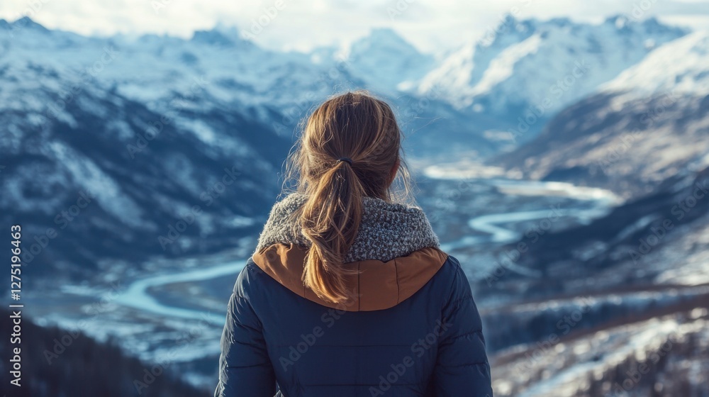 Woman Admiring Snow-Capped Mountains and River in Nature Landscape Woman Admiring Snow-Capped Mountains and River in Nature Landscape