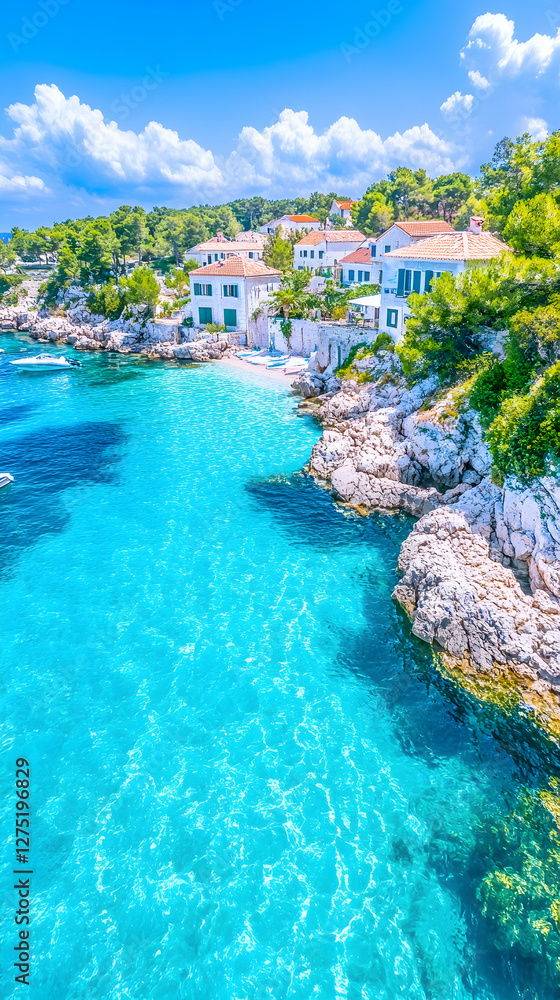 Obraz premium Coastal village, turquoise water, summer vacation, idyllic scene