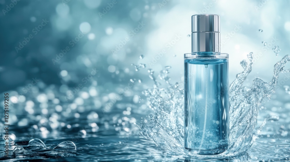 Sparkling Water Splash with Blue Perfume Bottle in Soft Light Sparkling Water Splash with Blue Perfume Bottle in Soft Light