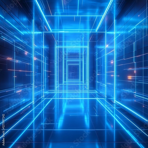 Blue neon corridor, digital space