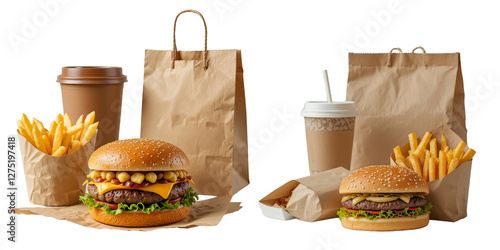 Fast food takeaway meal with burger, fries and drink in eco-friendly packaging on white background

