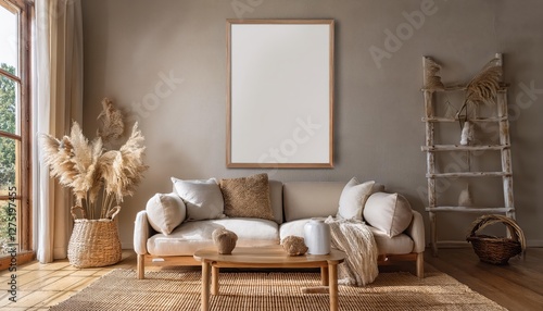 Cozy Farmhouse Living Room Interior with Mockup Frame in Rustic Ambiance, Boasting a 3D Render of Rural Charm at Dusk photo