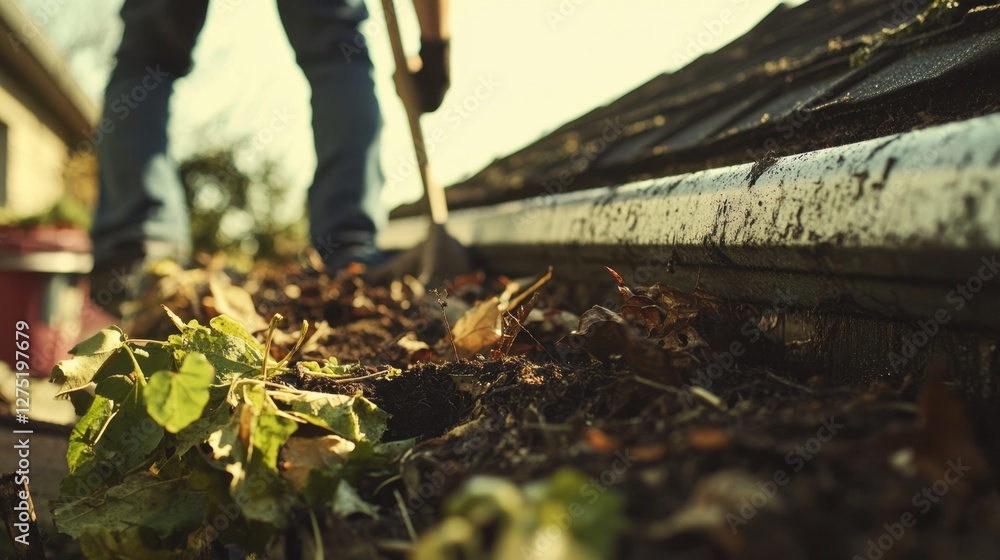 Gardener Cleaning Gutter with Shovel and Leaves in Bright Light Gardener Cleaning Gutter with Shovel and Leaves in Bright Light