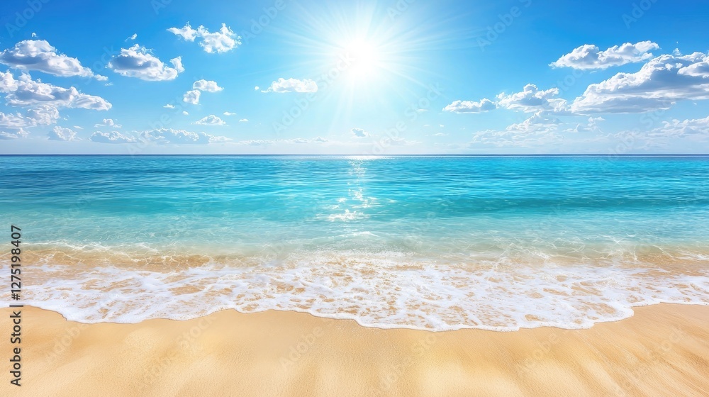 Fototapeta premium Serene Beach Landscape Under Bright Sunlight and Clear Blue Sky