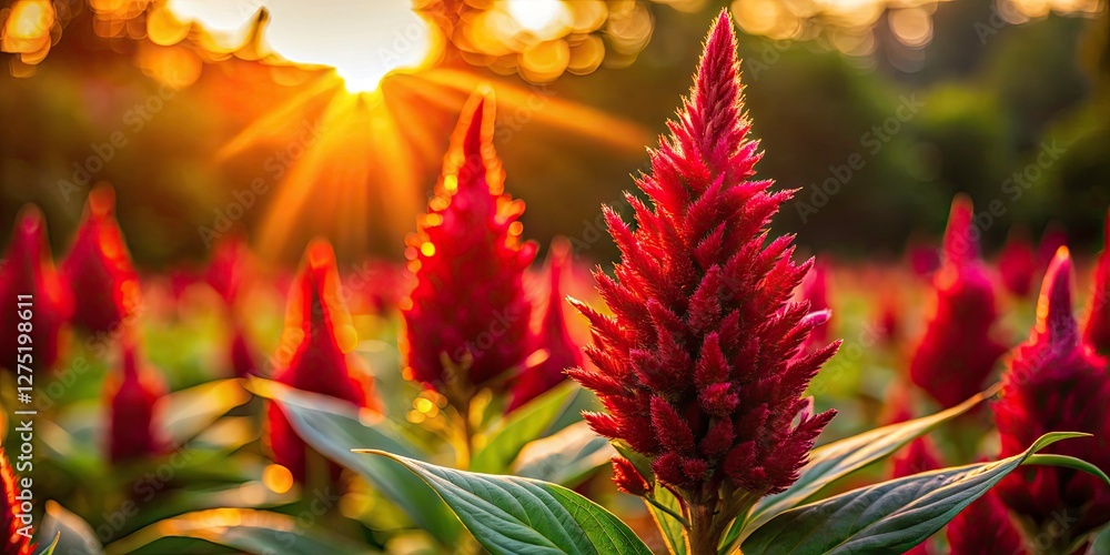 Close-up silhouette of a red celosia flower against a fiery sunset, capturing garden's botanical beauty. Close-up silhouette of a red celosia flower against a fiery sunset, capturing garden's botanical beauty.