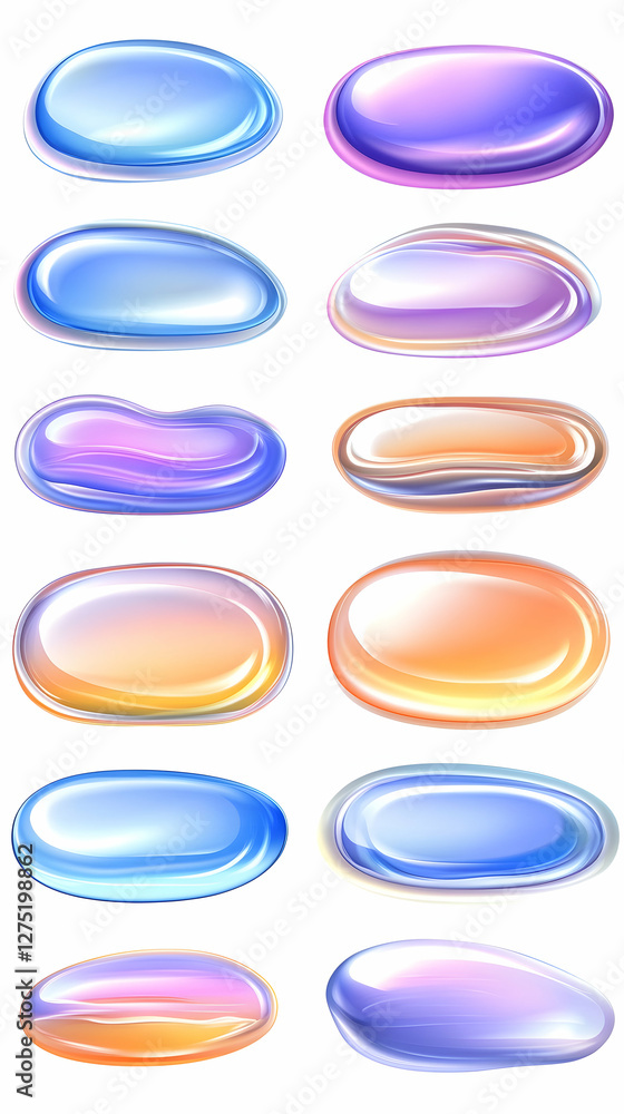 Colorful glossy pebbles; design elements; white background; website buttons Colorful glossy pebbles; design elements; white background; website buttons