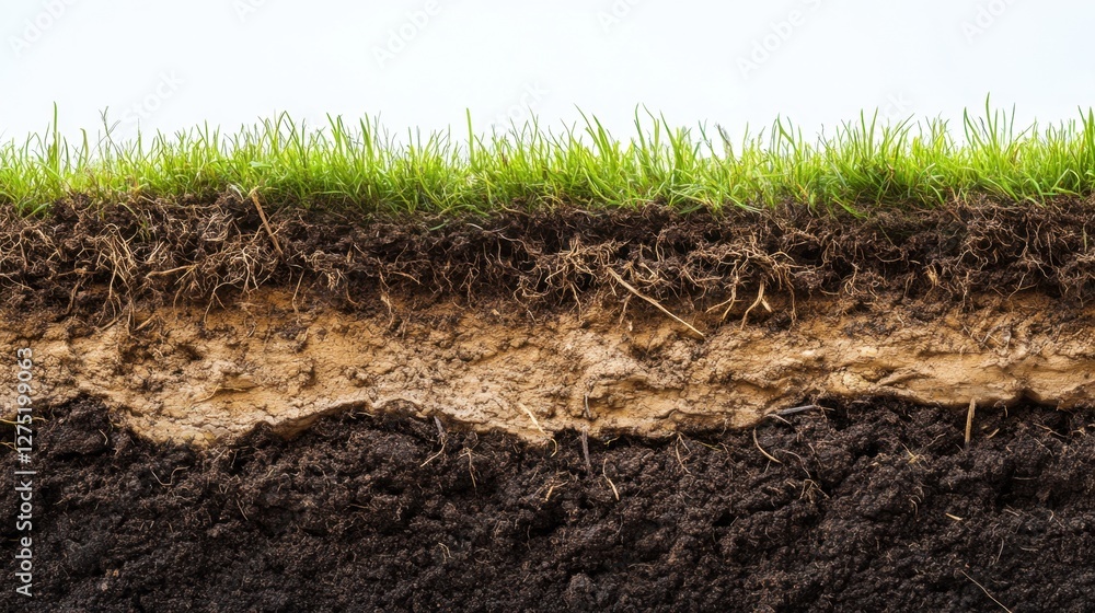 Cross-section of soil layers with grass and roots on top Cross-section of soil layers with grass and roots on top