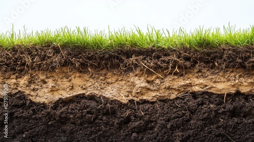 Cross-section of soil layers with grass and roots on top