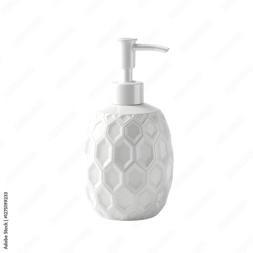 Fototapeta premium Elegant white ceramic soap dispenser with geometric pattern, isolated on black background, perfect for bathroom and kitchen settings