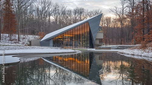 Modern building reflecting in winter pond; architectural design; serene landscape photo