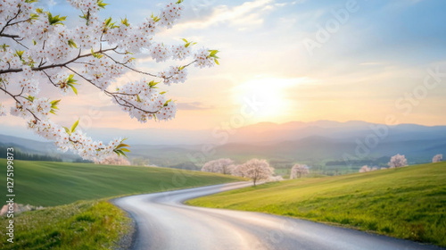 Wallpaper Mural Winding road through serene landscape with blooming cherry blossoms and vibrant sunrise Torontodigital.ca