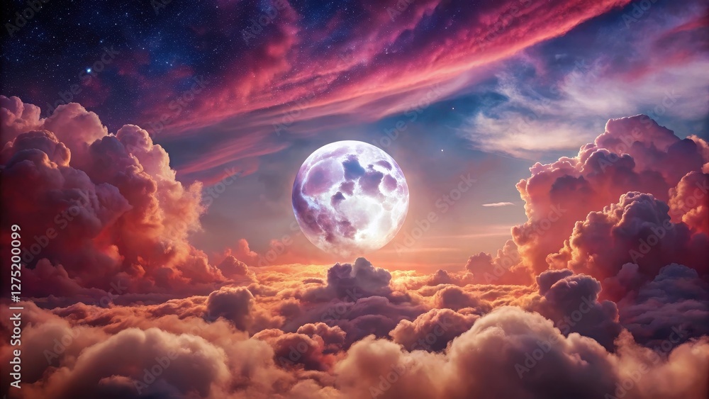 Obraz premium Celestial Dreamscape A Full Moon Rises Above a Sea of Crimson Clouds and a Starry Night Sky