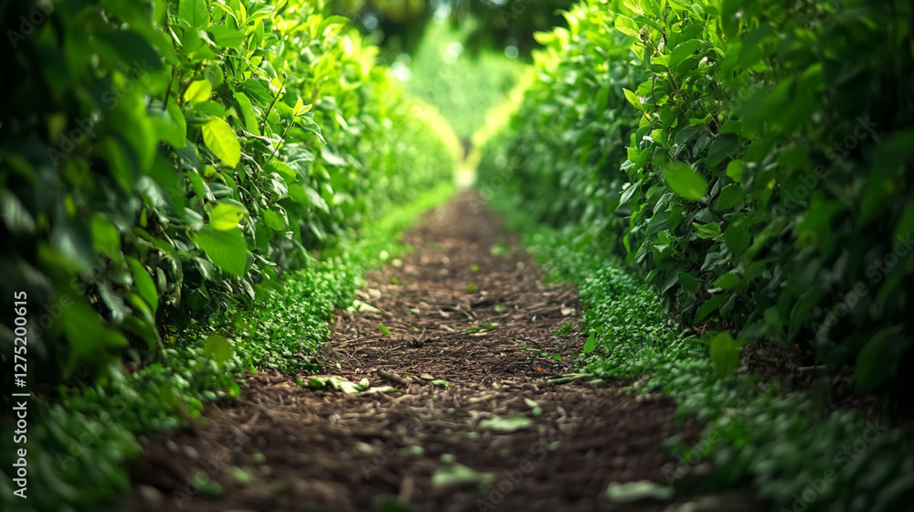 Fototapeta premium A serene garden pathway, recently swept clean and bordered