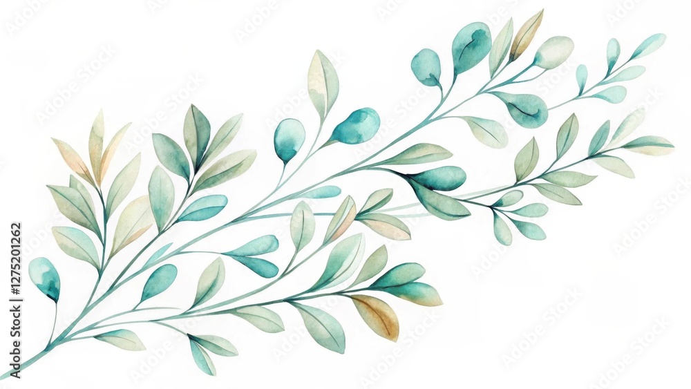 Serene Aqua and Beige Botanical Branch with Delicate Foliage, Ideal for Elegant Designs and Artistic Applications Serene Aqua and Beige Botanical Branch with Delicate Foliage, Ideal for Elegant Designs and Artistic Applications